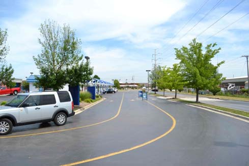 A view of where the cars line up to go through the car wash (two lanes)